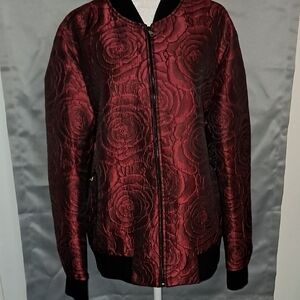 Red and Black Lightweight Jacket with Intricate Rose Pattern